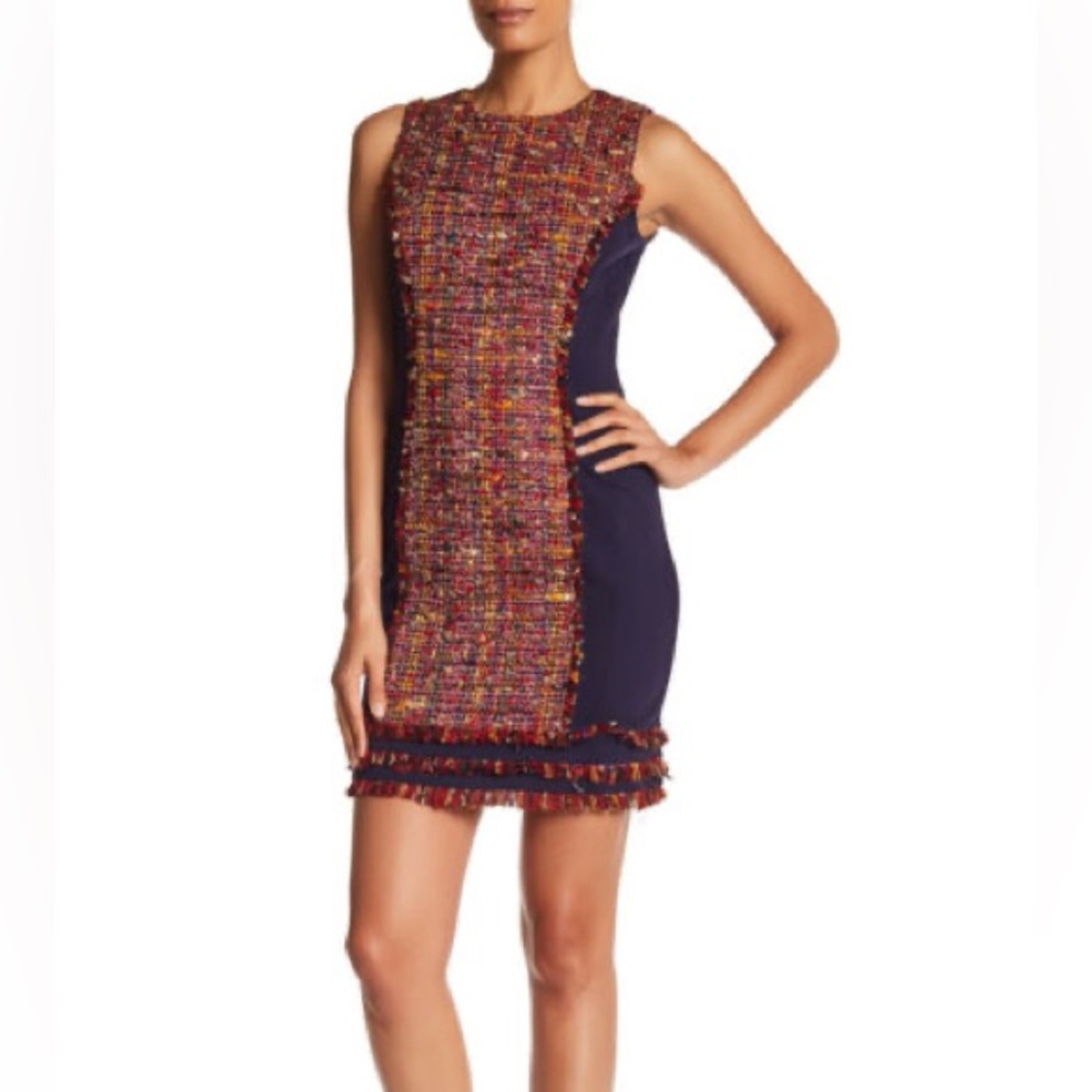 Diane Von Futensburg- Navy Shift Dress with Tweed Panel & Trim